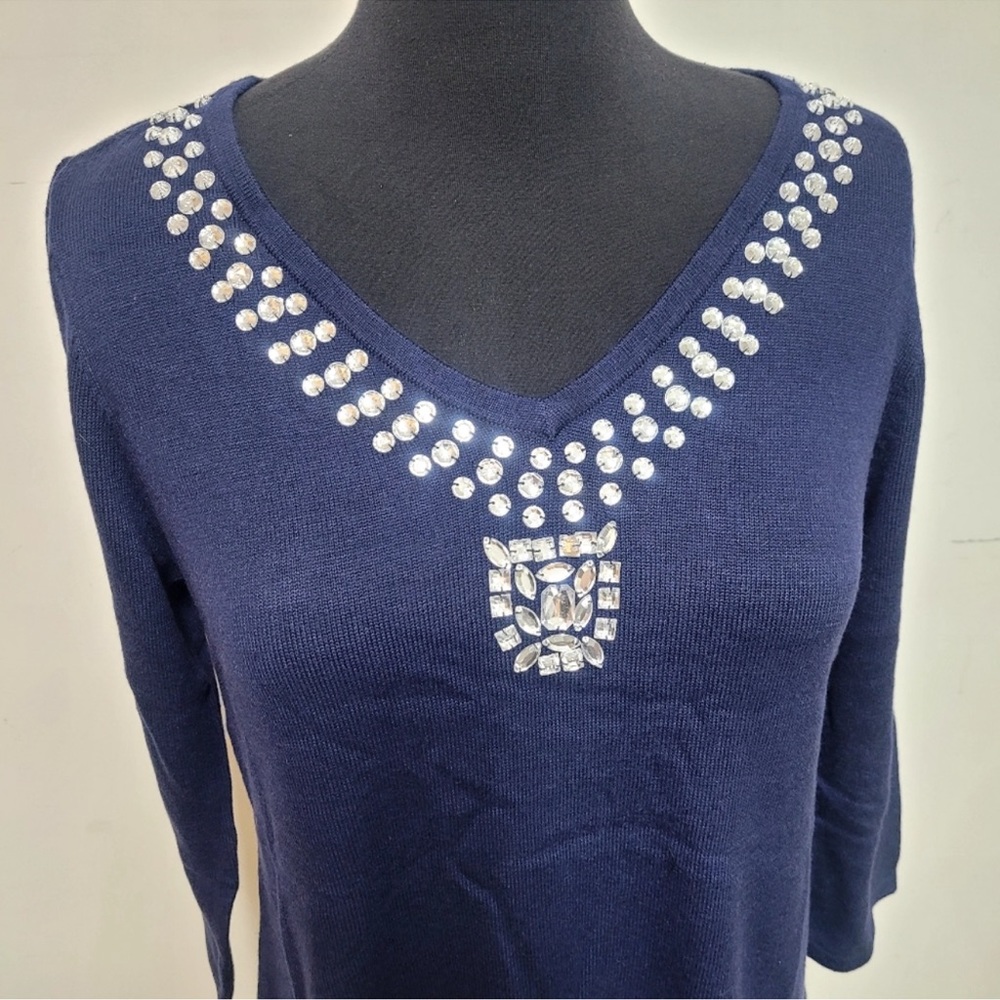 IMAN size Small Jeweled Embellished "Touch of Cashmere" Sweater Tunic, Navy  NEW